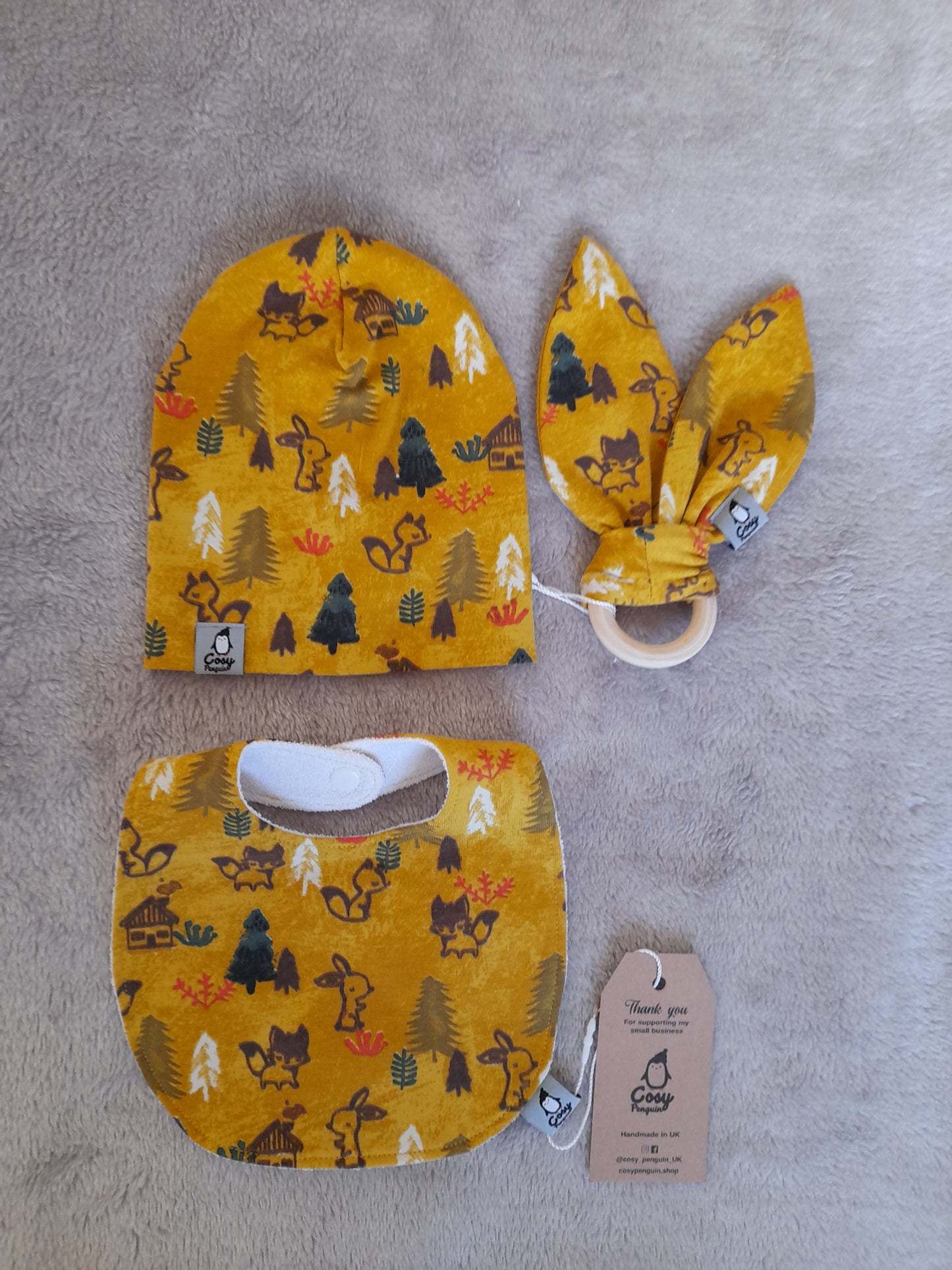 Gift Set J - set of 3 - Bib, Beanie/Hat and Large Wooden Ring - Organic Woodland Ochre Autumn Colour