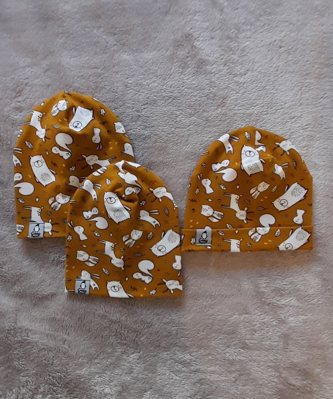 Organic Forest animals on a mustard background double layer Beanie/Hats