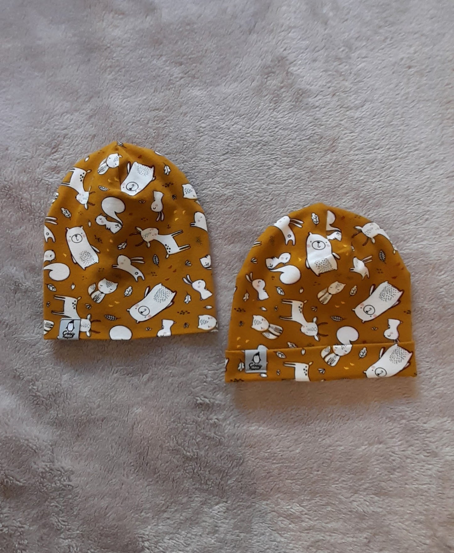 Organic Forest animals on a mustard background double layer Beanie/Hats