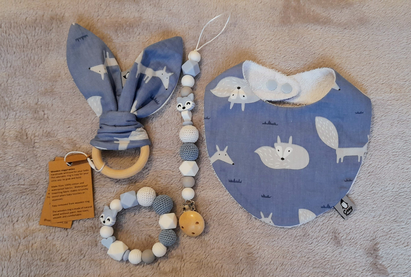 Gift Set A - set of 4 - Bib, Large Wooden Ring, Dummy Clip and Crochet Ring