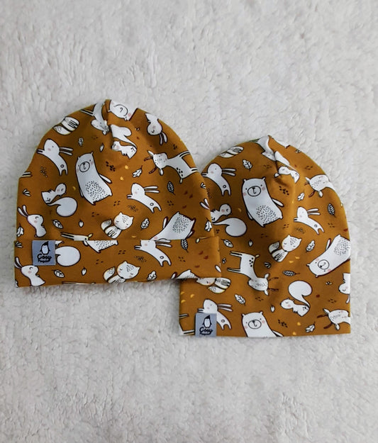 Organic Forest animals on a mustard background double layer Beanie/Hats