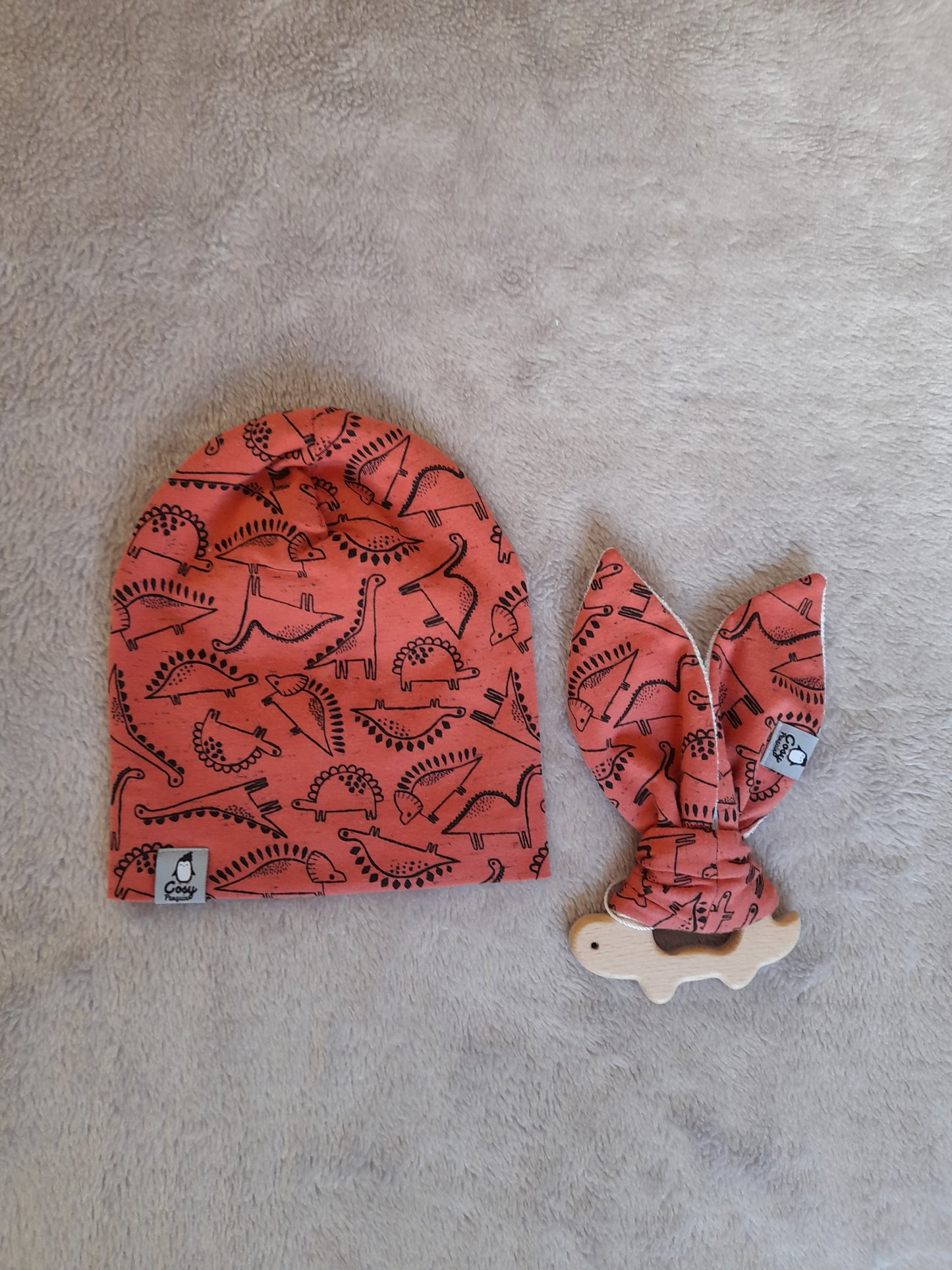 Gift Set K - set of 3 - Bib, Hat and Wooden Dinosaur