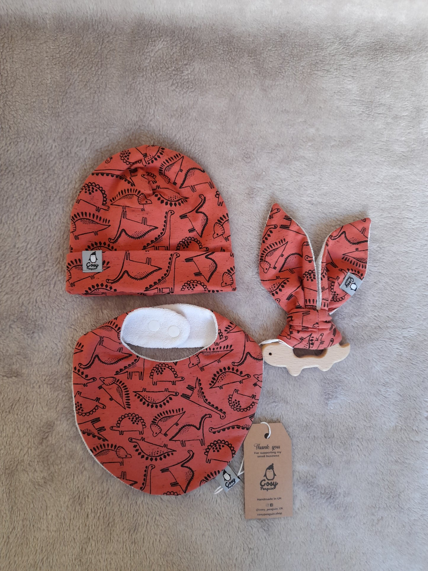 Gift Set K - set of 3 - Bib, Hat and Wooden Dinosaur