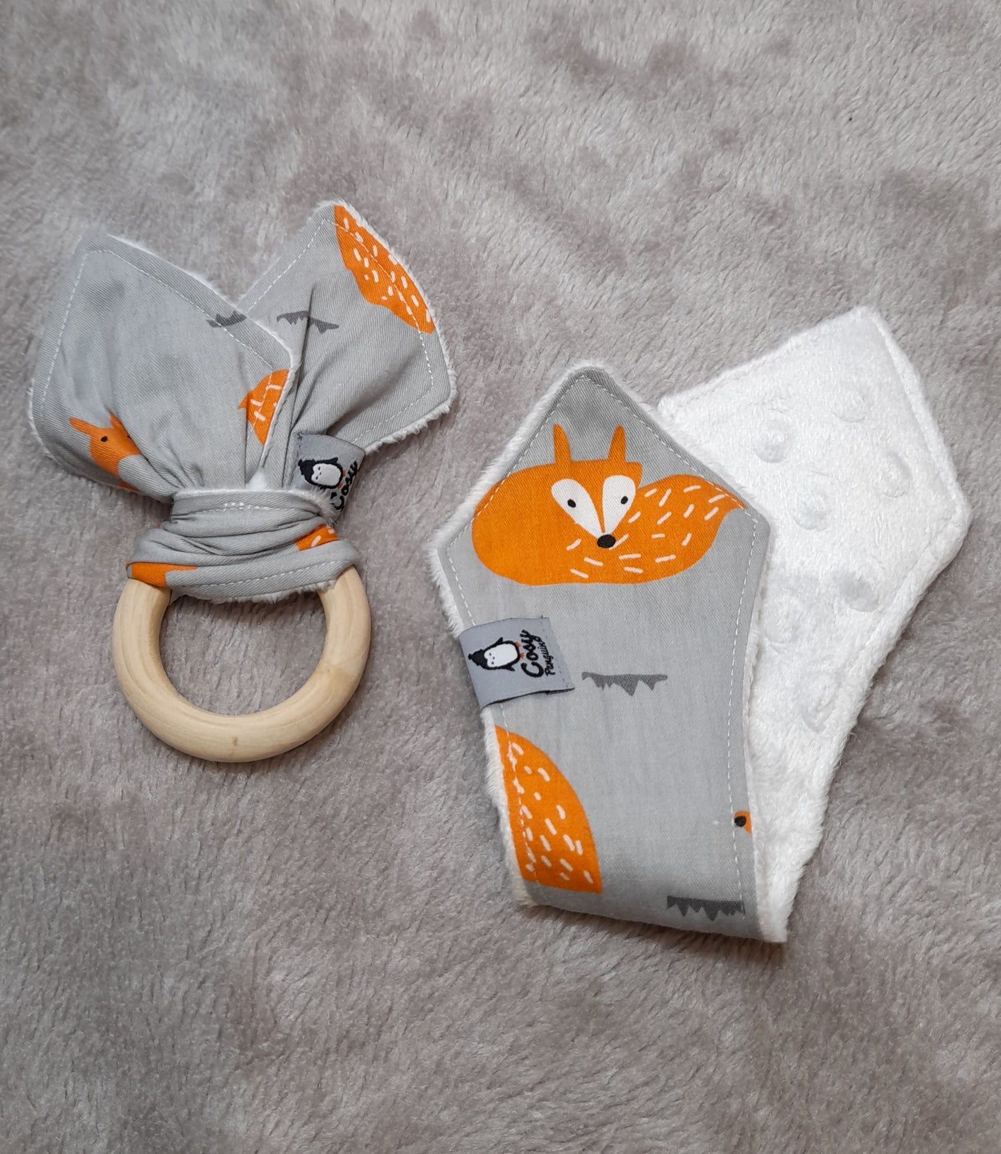 Gift Set B - set of 5 - Reversible Bib, Bib, Dummy Clip, Silicone Ring and Small Wooden Ring