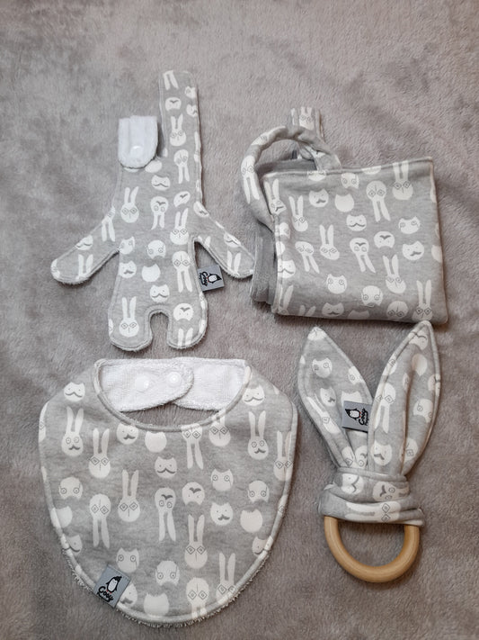 Gift Set N - set of 4 - Bib, Wooden Ring, Comfort blanket and Soft Toy Rabbit