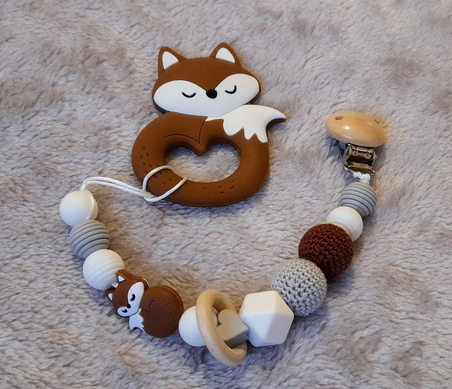 Gift Set F - set of 4 - Bib, Small Wooden Ring, Silicone Ring, Dummy Clip and Silicone Fox