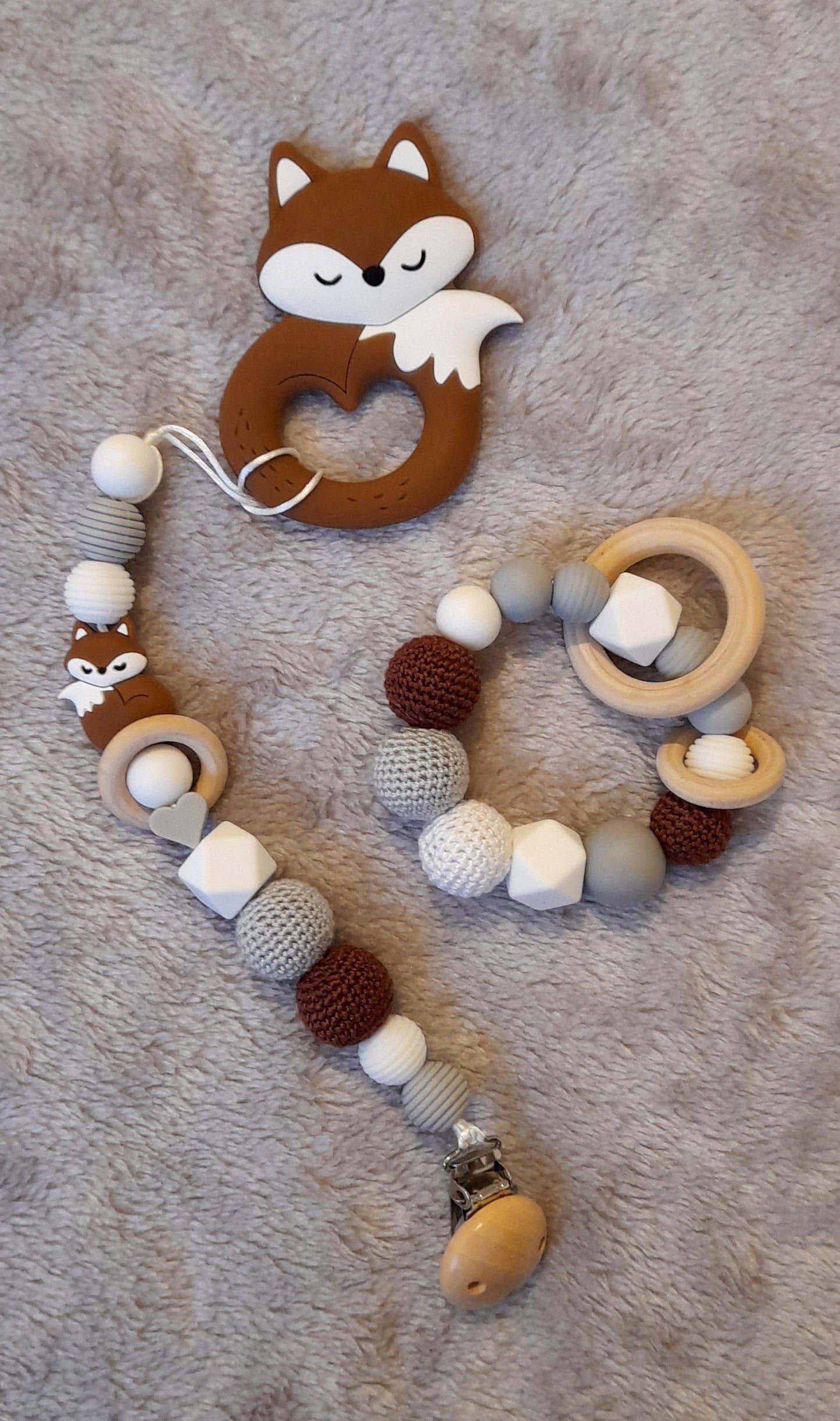 Gift Set F - set of 4 - Bib, Small Wooden Ring, Silicone Ring, Dummy Clip and Silicone Fox