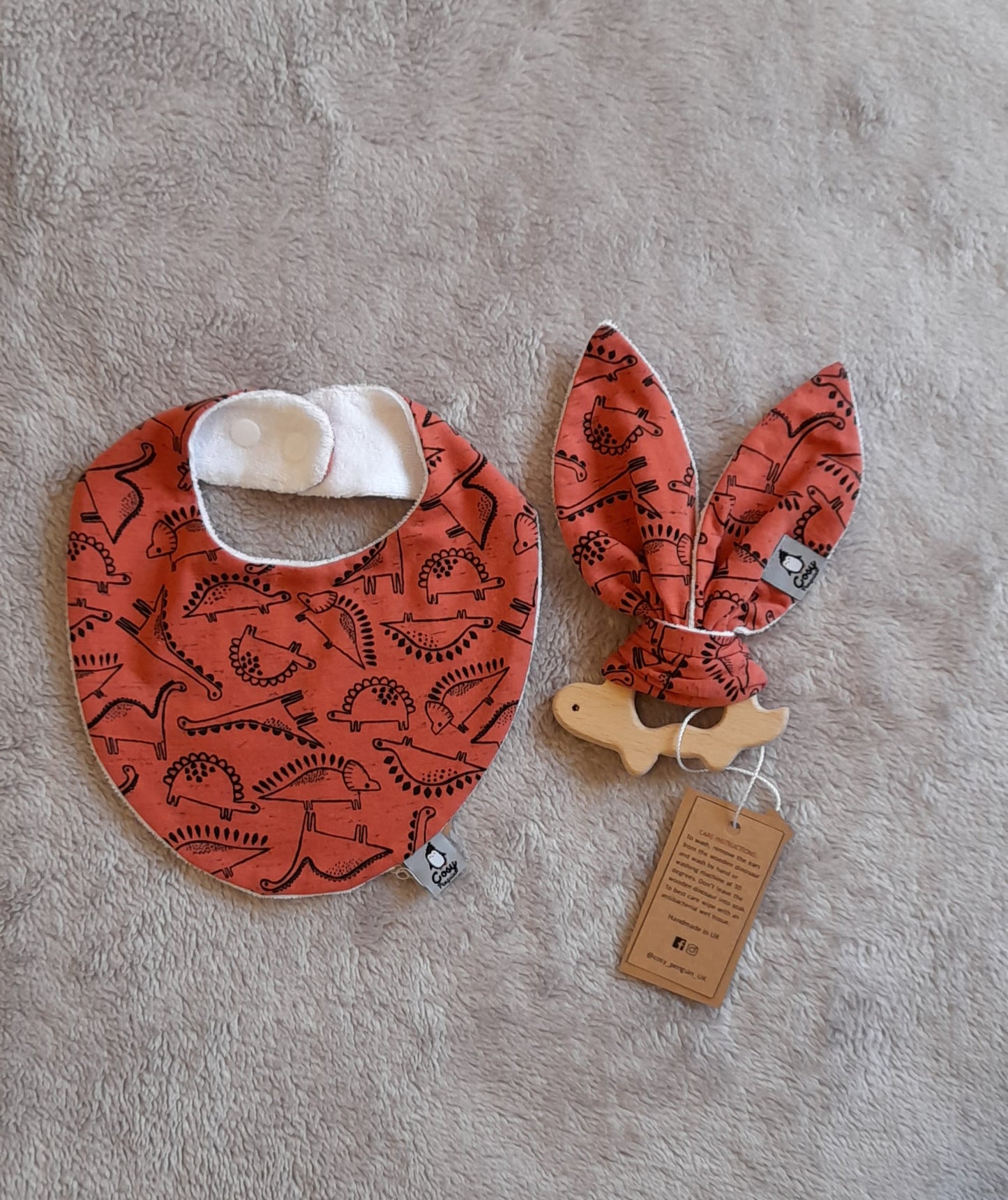 Gift Set K - set of 3 - Bib, Hat and Wooden Dinosaur