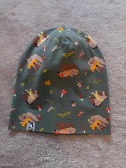 Woodland animals - dusty green double layer Beanie/Hat