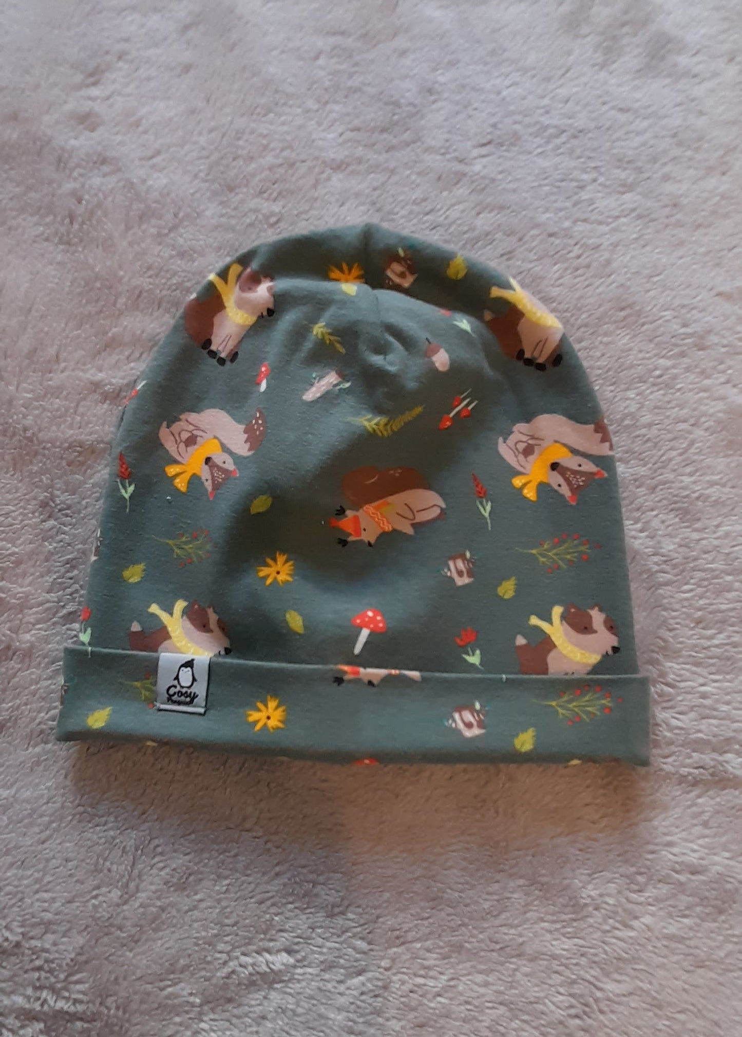 Woodland animals - dusty green double layer Beanie/Hat